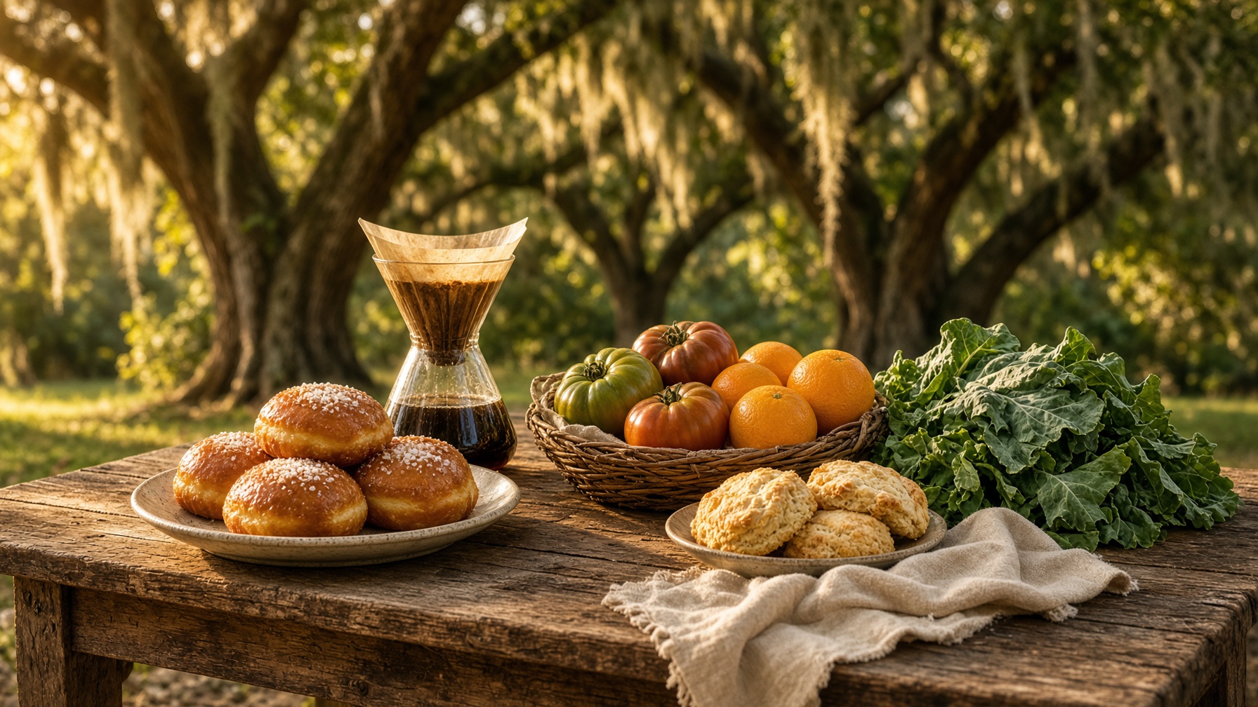 A farm table of donuts, coffee, and Florida produce under live oaks