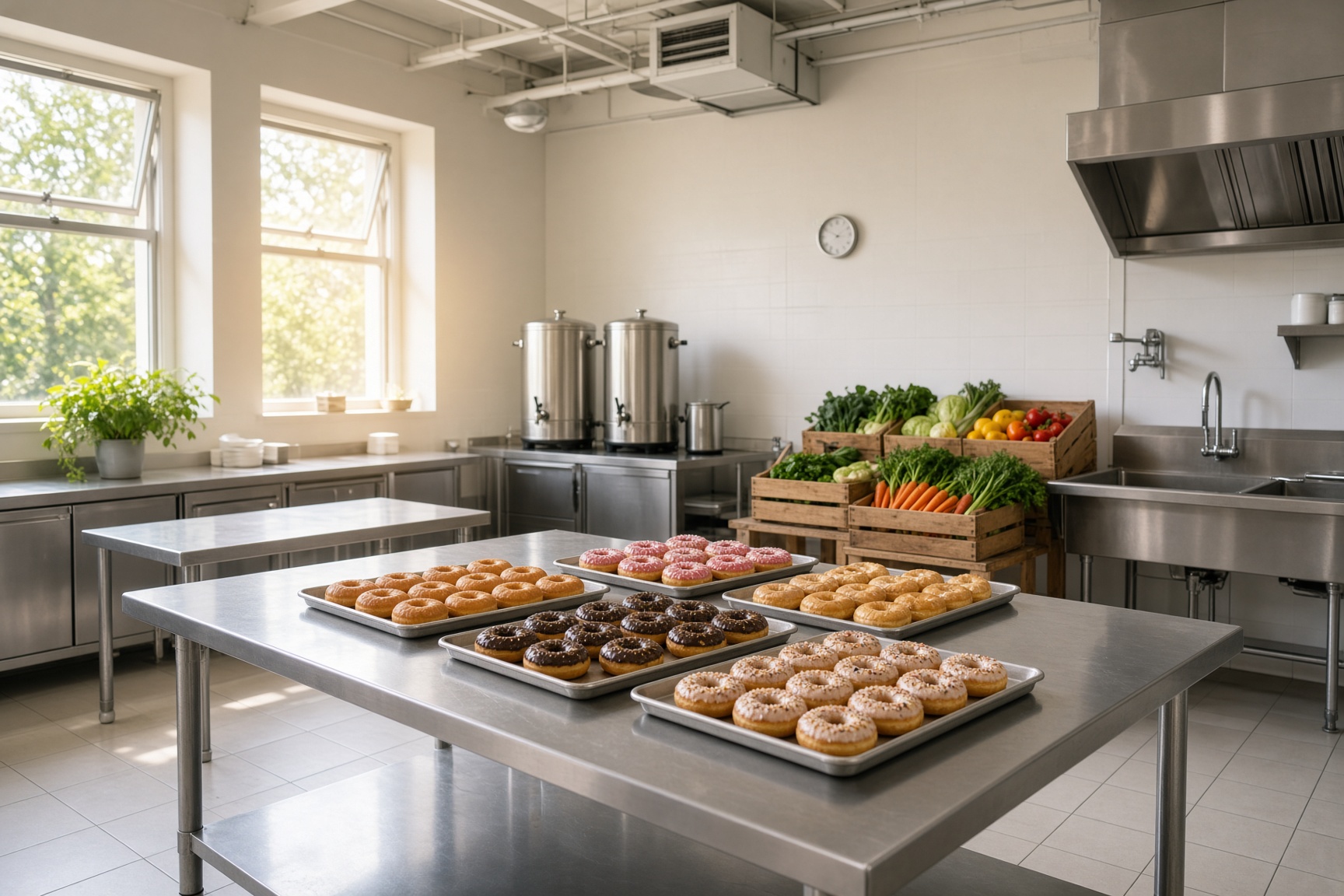 A clean commissary kitchen with donuts cooling and local produce ready for prep
