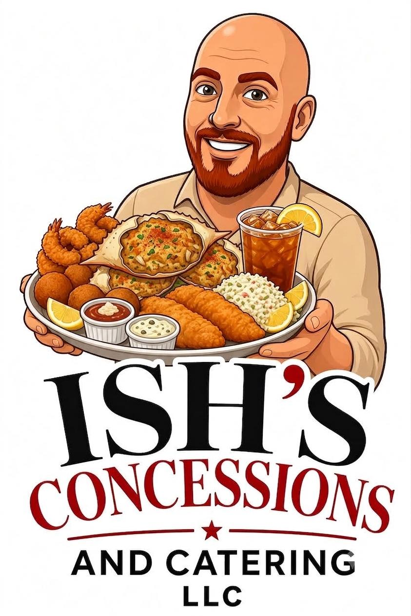 Ish's Concessions and Catering LLC logo: a smiling cook holding a platter of fried shrimp, hush puppies, crab cakes, fried fish, coleslaw, and sweet tea.
