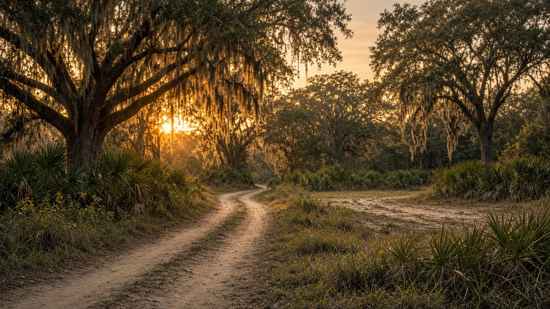 Live oaks and palmettos on a wooded rural property in Old Town, Florida
