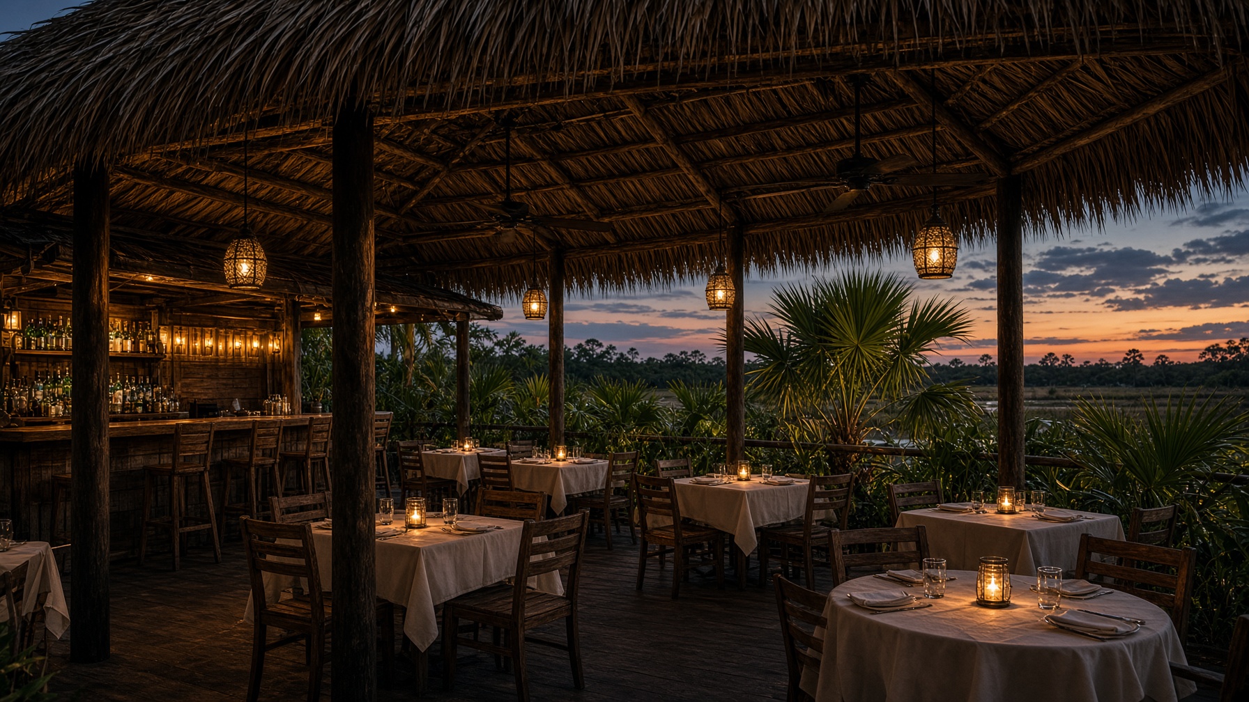 A small tiki-hut dining room set for a private gathering